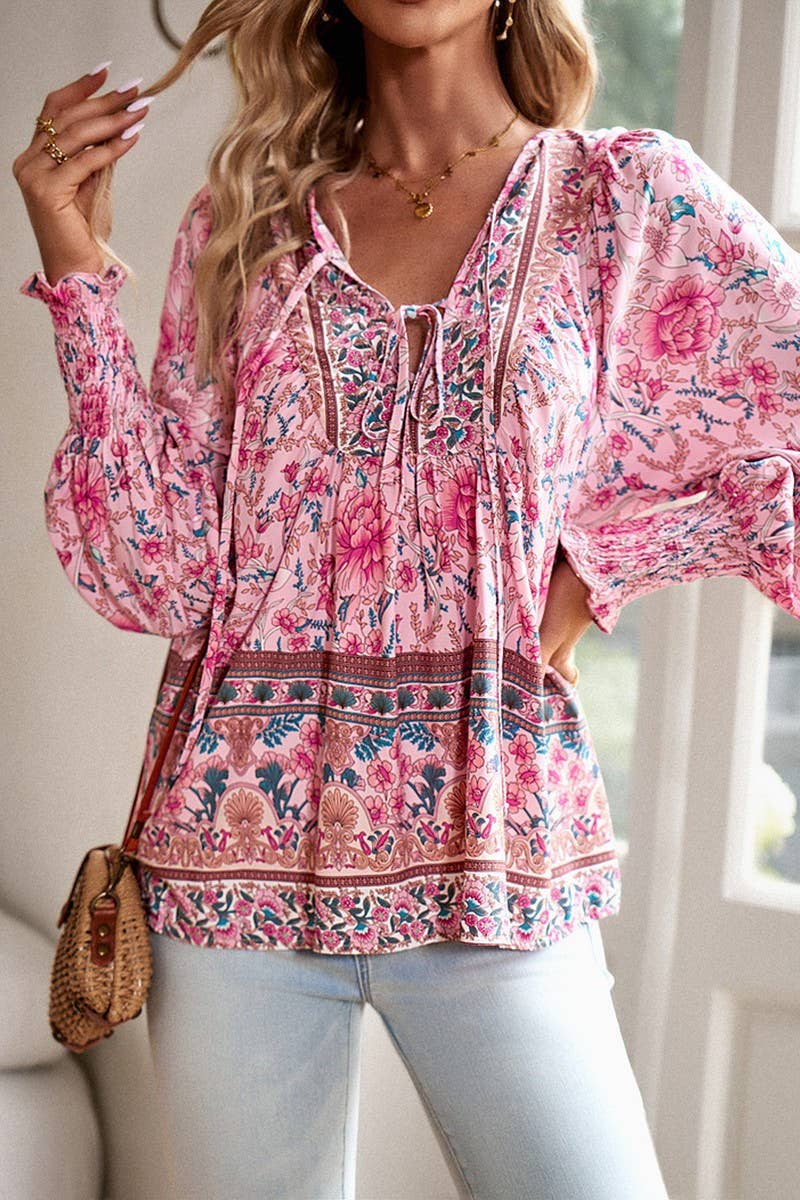 CWTBLL3942_BOHO V-NECK TIE FRONT PRINTED LONG SLEEVE BLOUSE