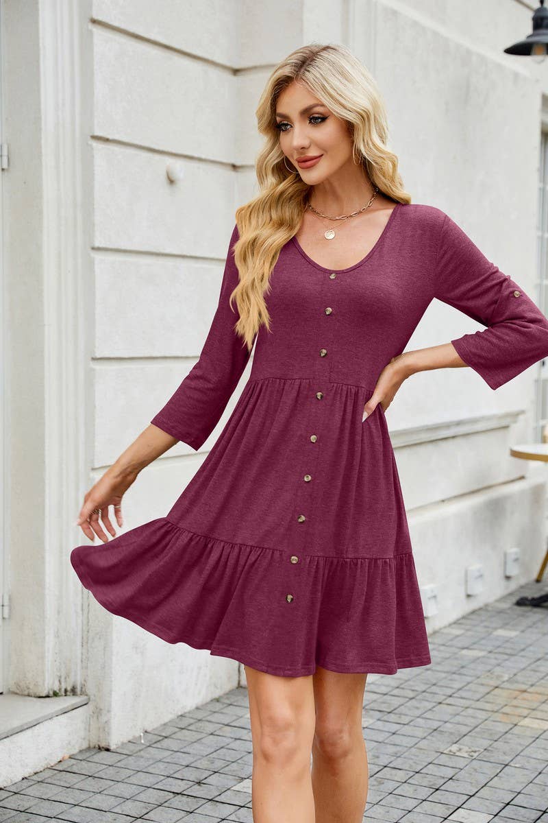 CWDSD8716_V-NECK LONG SLEEVE BUTTON FRONT LOOSE SOLID DRESS
