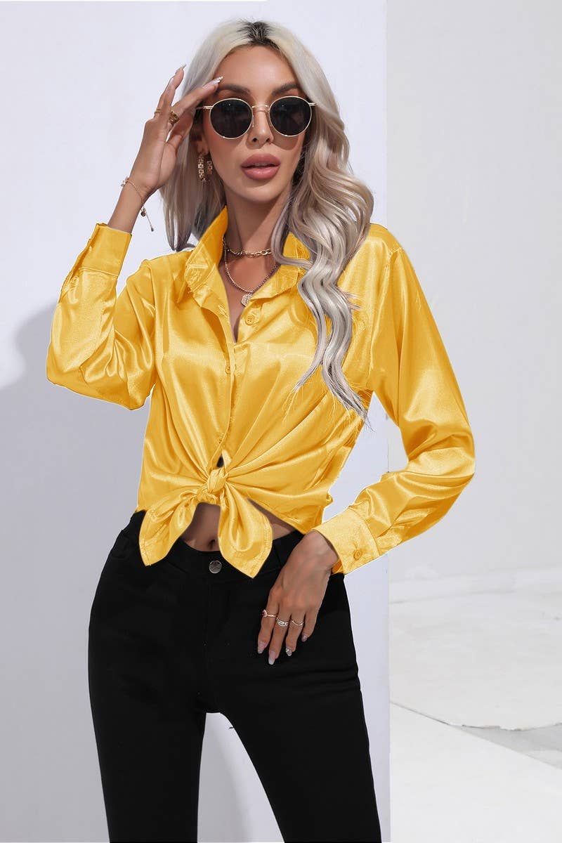 CWTBLL0690_Button Down Silky Satin Long Sleeve Top