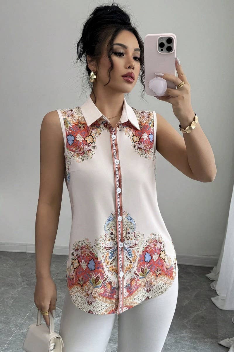 CWTBLSL01042_VINTAGE PRINT SLEEVELESS LAPEL BLOUSE