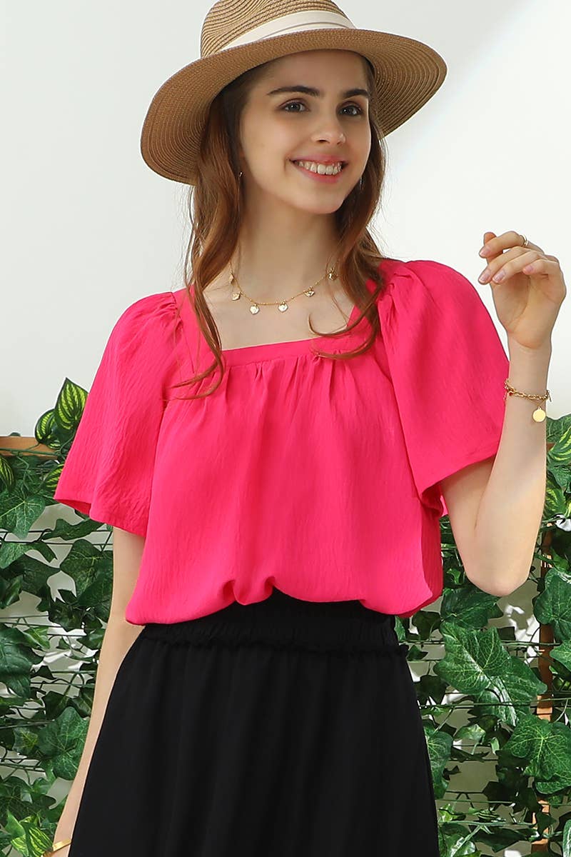 CWTBLS192_SQURE NECK RUFFLE NECK SHORT SLEEVE BLOUSES TOP