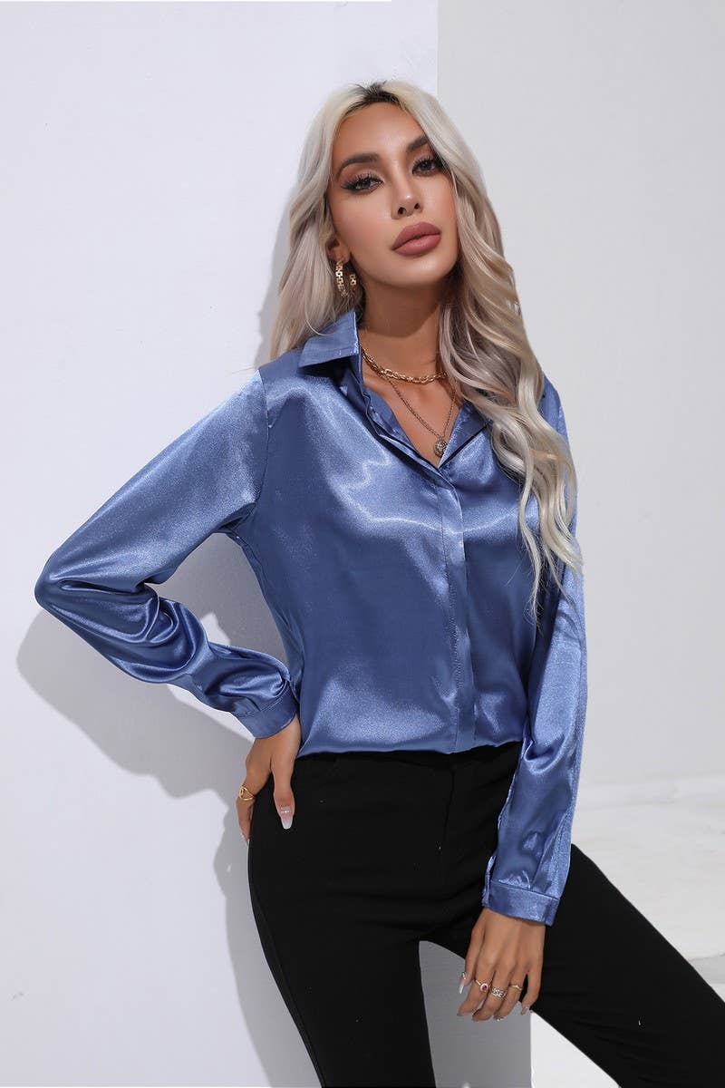 CWTBLL0692_Button Down Silky Satin Long Sleeve Top