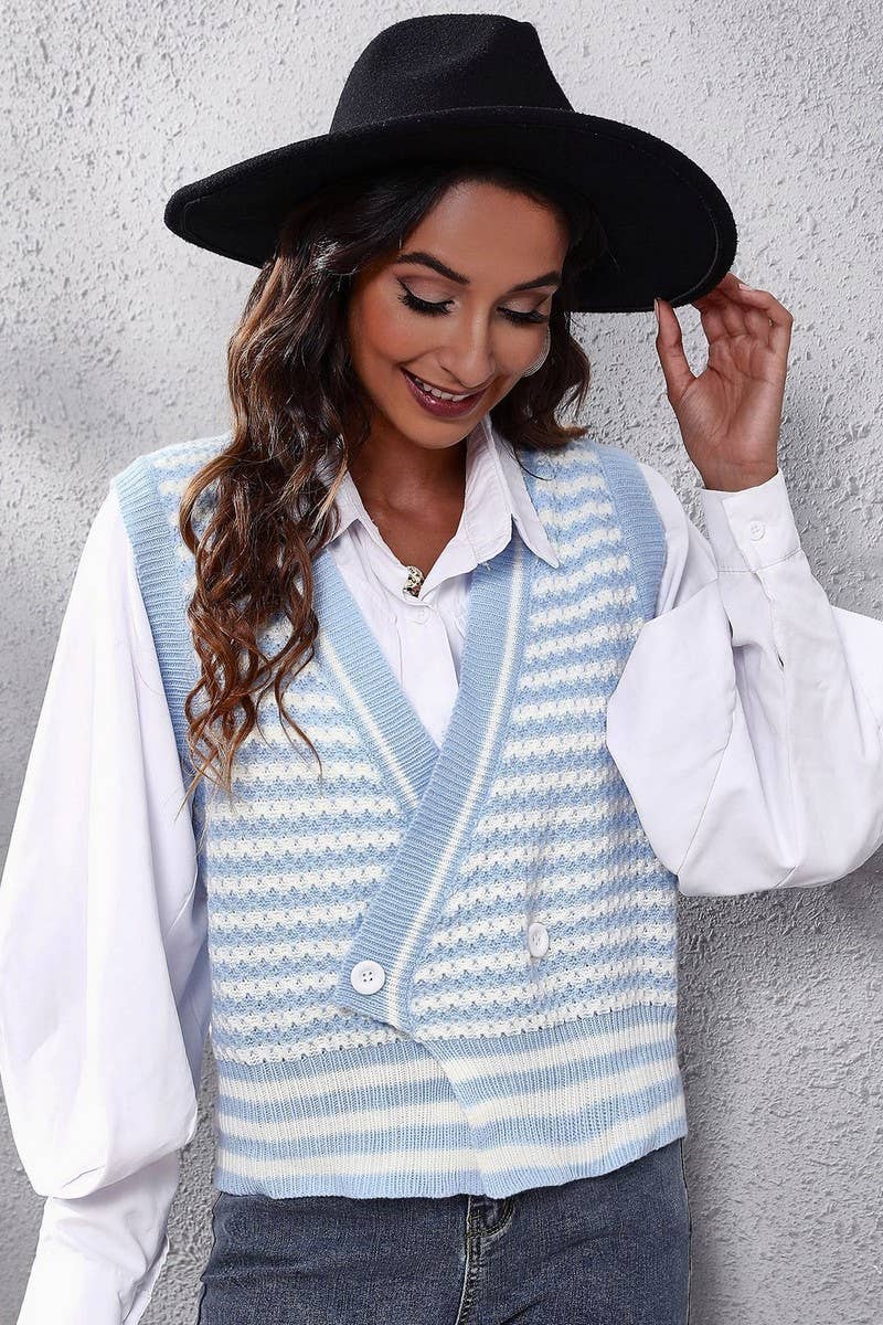 CWOV0488_STRIPED KNITTED CARDIGAN SWEATER VEST
