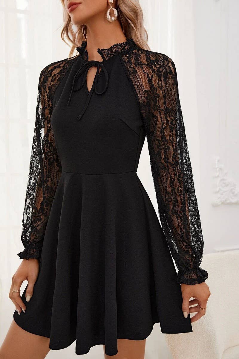 CWTBLS1526_BLACK LACE PATCHWORK LONG SLEEVE DRESS