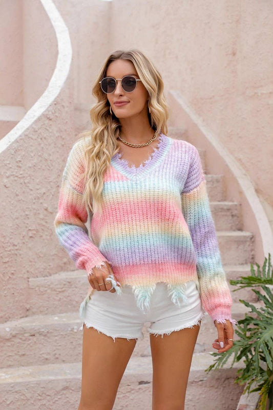 CWOSWL07606_LOOSE DISTRESSED FRINGE RAINBOW SWEATER