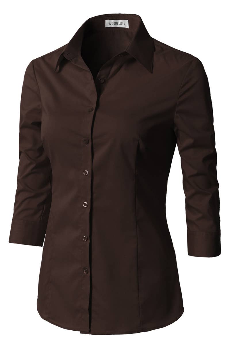 CWTSTS116_Basic Slim Fit Simple 3/4 Sleeve Button Down Shirt