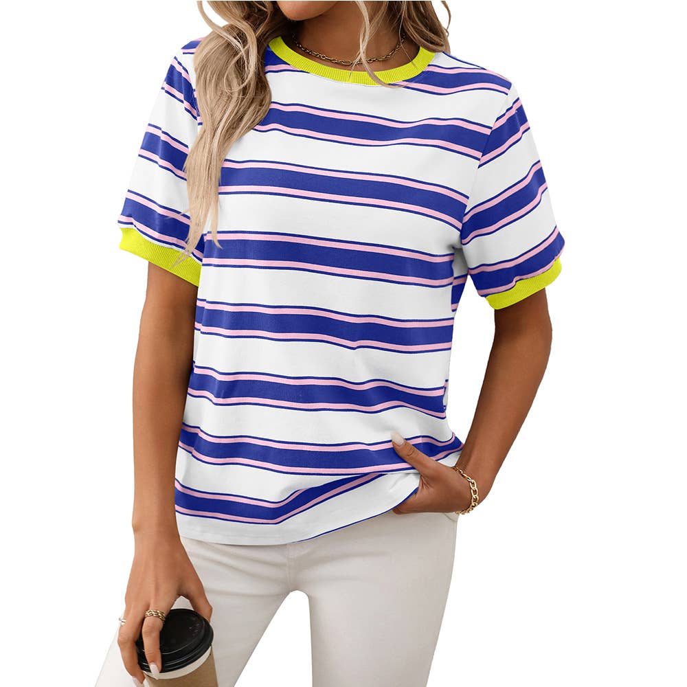Crew-neck baggy top striped short-sleeved Top