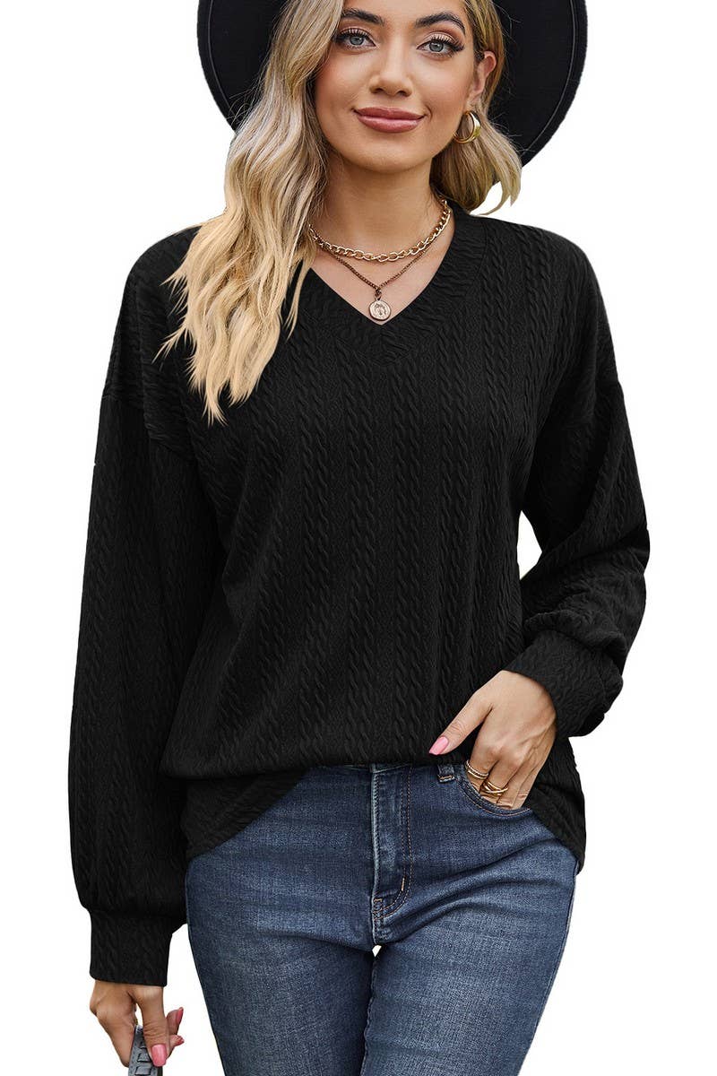 CWTBLL2410_SOLID COLOR V-NECK LOOSE LONG-SLEEVED T-SHIRT TOP