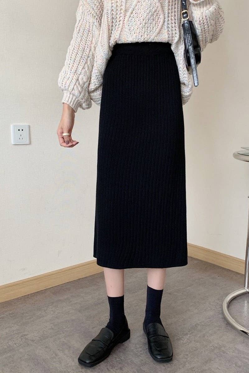 CWBLS0299_SLIT HIP-HUGGING HIGH-WAISTED KNITTED SKIRT