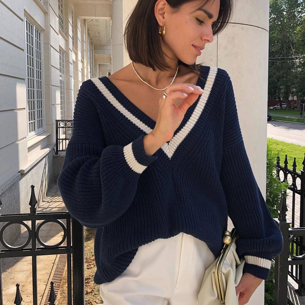 Deep V-neck loose off-the-shoulder sweater