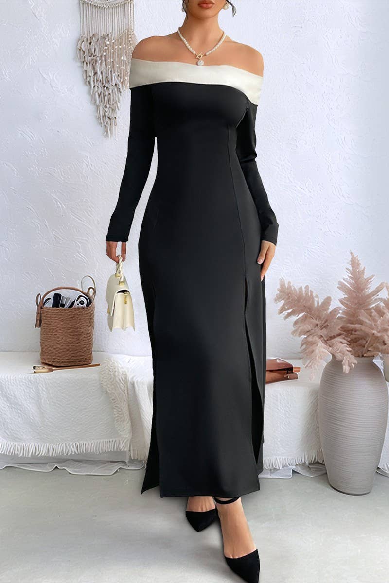 CWDMD6302_OFF SHOULDER SPLIT LONG SLEEVE EVENING DRESS