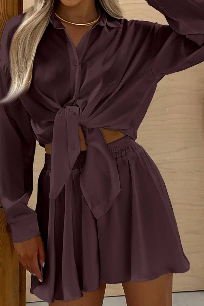 CWSPJ0191_WHITE SATIN LONG SLEEVE SHORTS PAJAMAS HOME SET