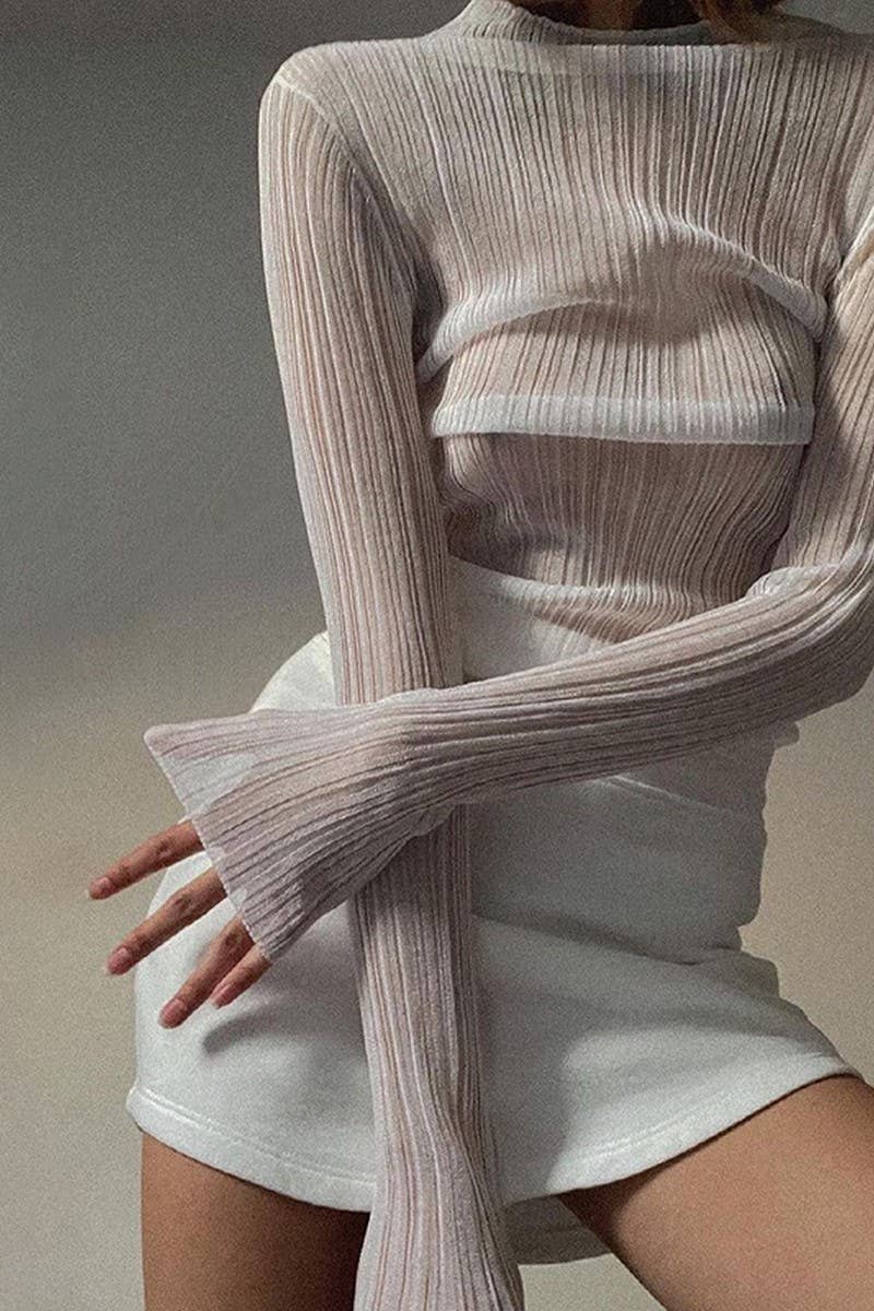 CWTBLL3435_SOLID COLOR LONG SLEEVE MESH SEE-THROUGH TOP