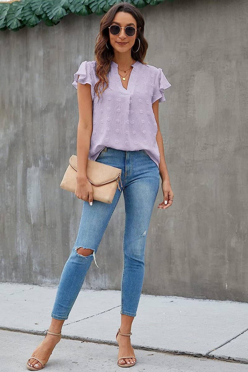 CWTBLS0606_V-NECK RUFFLED SLEEVE CHIFFON SHORT-SLEEVED TOP