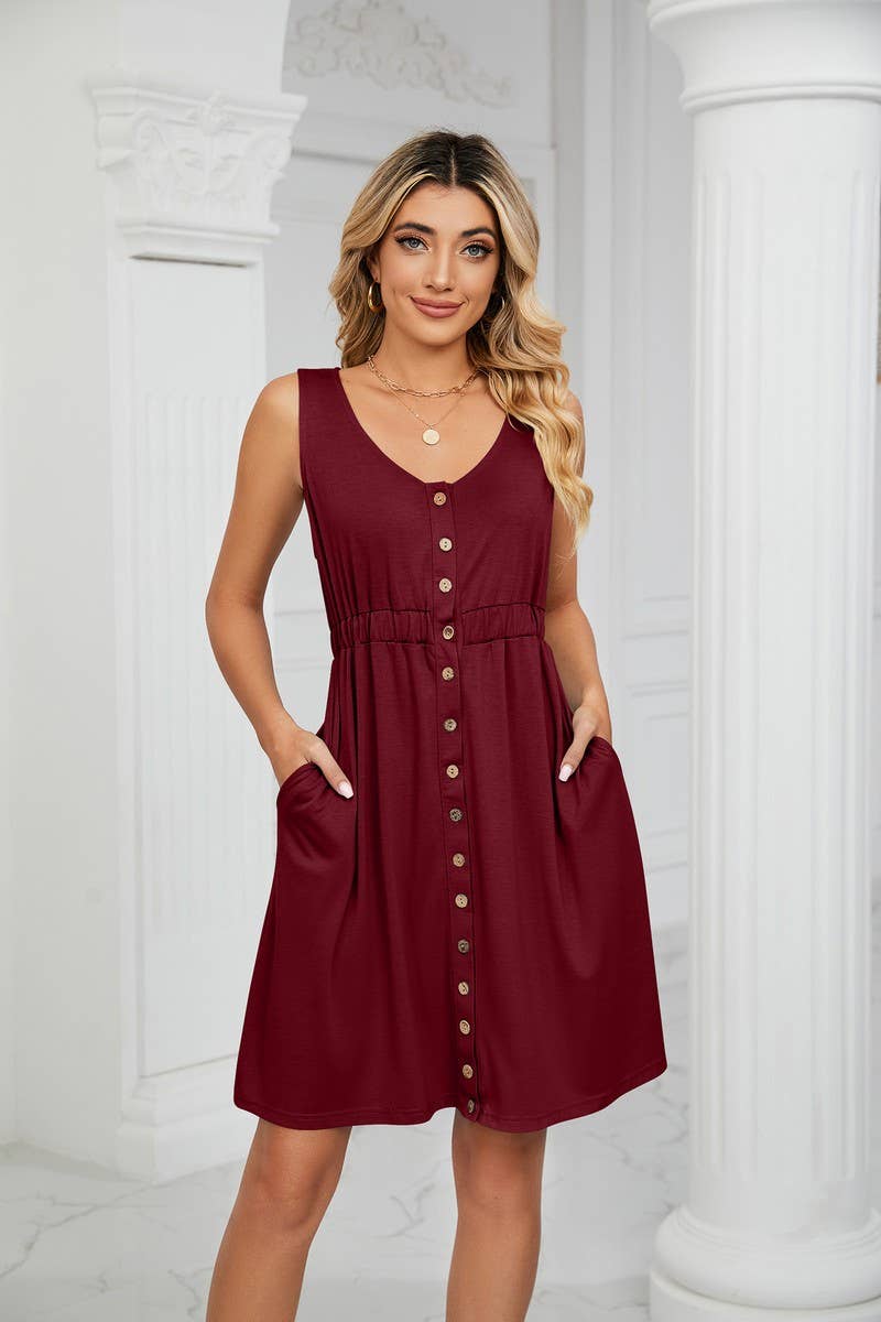 CWDSD3114_ROUND NECK SLEEVELESS BUTTON POCKET WAIST DRESS