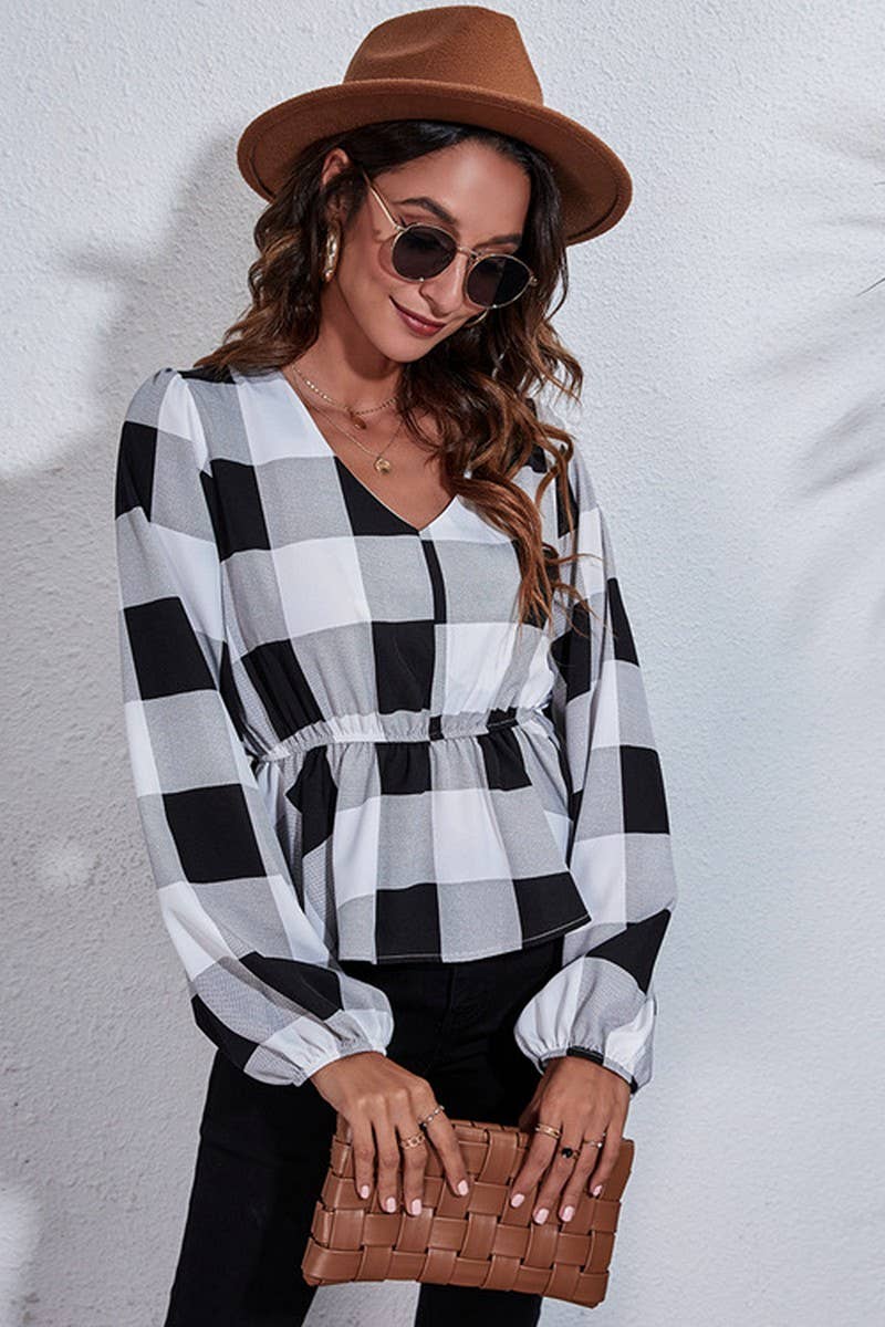 CWTBLL3750_V-NECK LANTERN SLEEVES LARGE PLAID WAIST TOP