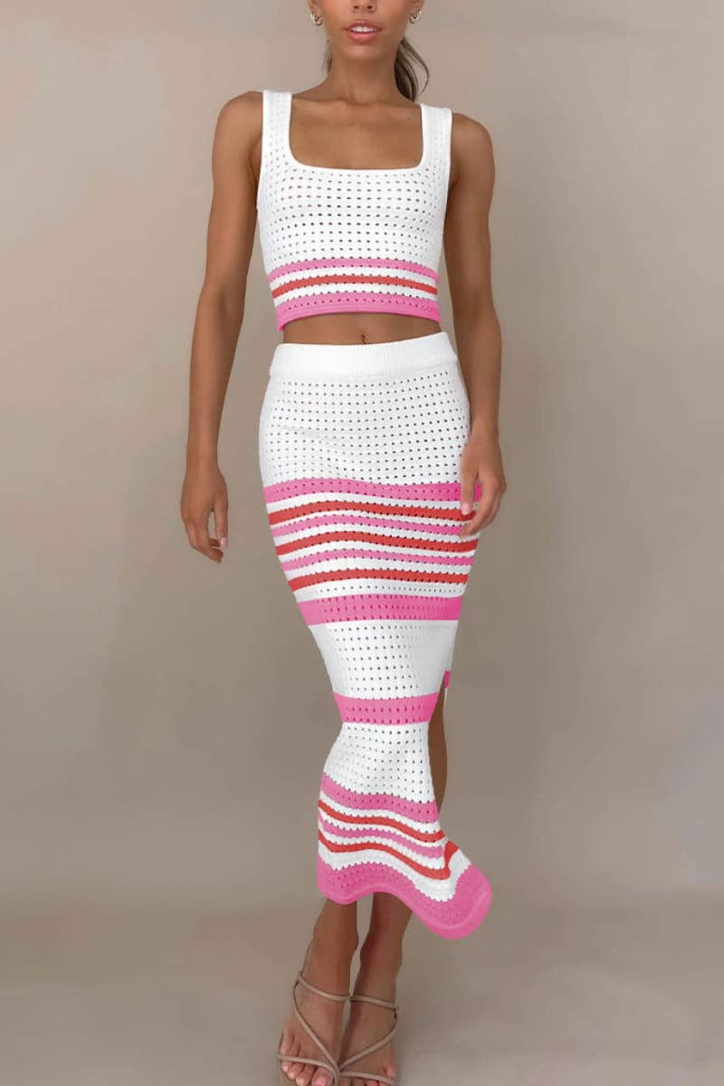 CWSS0493_SLEEVELESS STRIPED TOP BODYCON LONG SKIRT SUIT