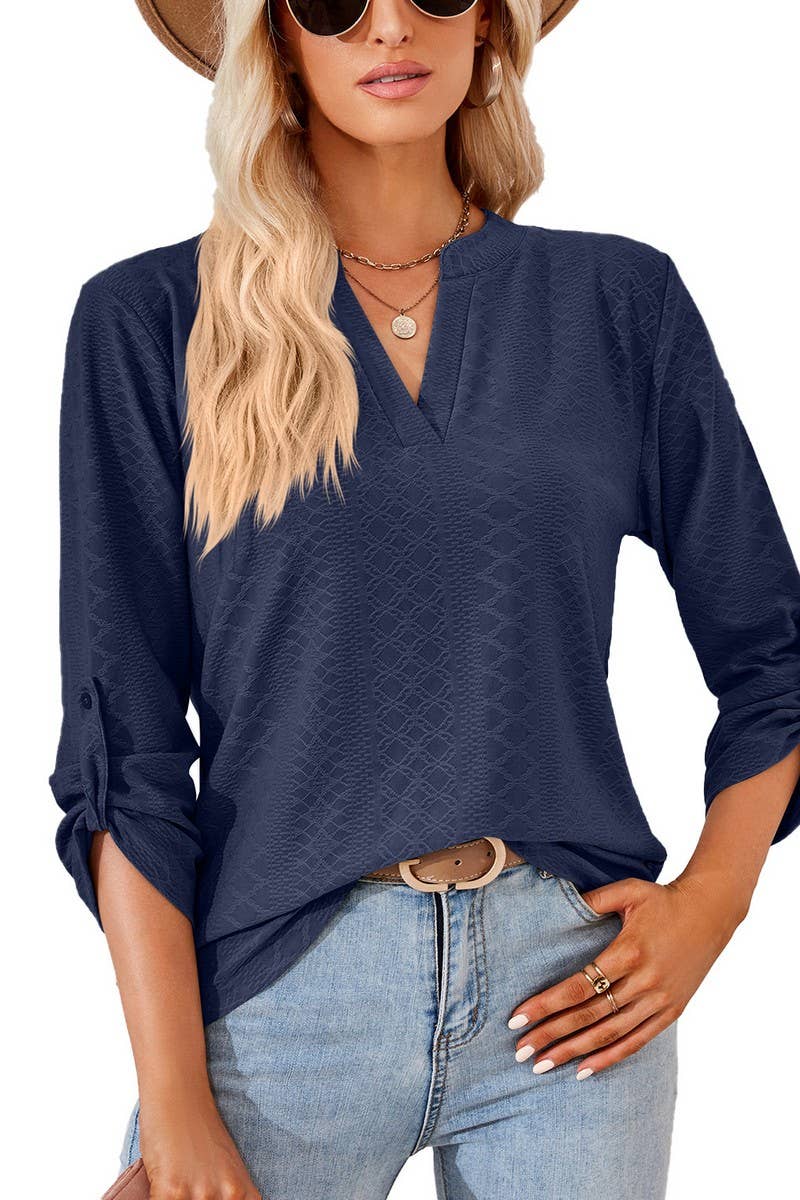CWTBLL2375_SOLID COLOR V-NECK THREE-QUARTER SLEEVE TOP