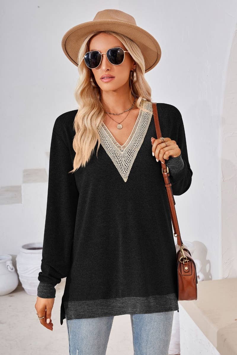 CWTBLL2691_FALL V-NECK LACE PATCHWORK LONG-SLEEVED TOP
