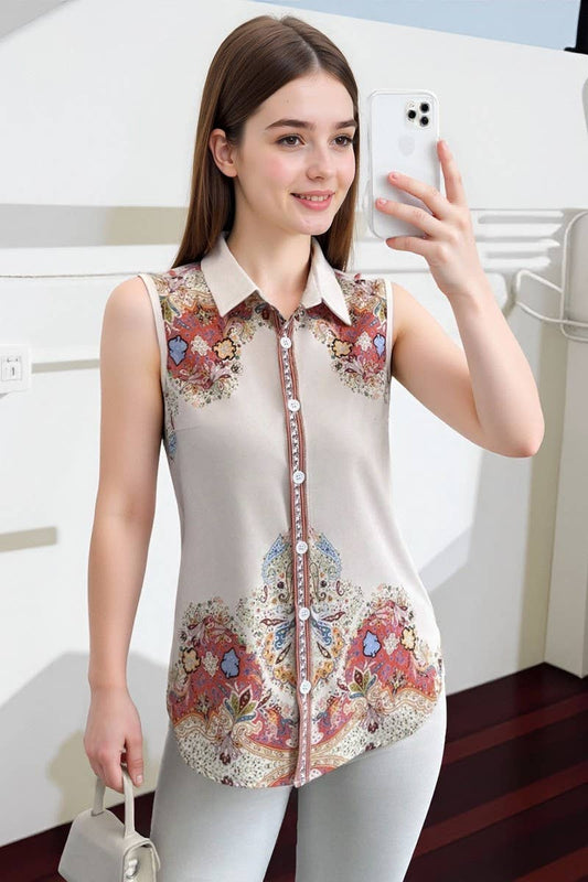 CWTBLSL01042_VINTAGE PRINT SLEEVELESS LAPEL BLOUSE