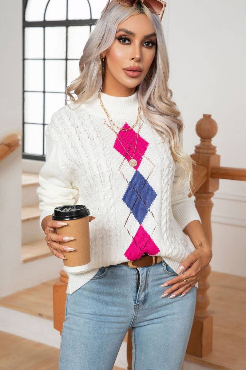 CWOSWL3962_CONTRAST COLOR CABLE HALF TURTLENECK SWEATER