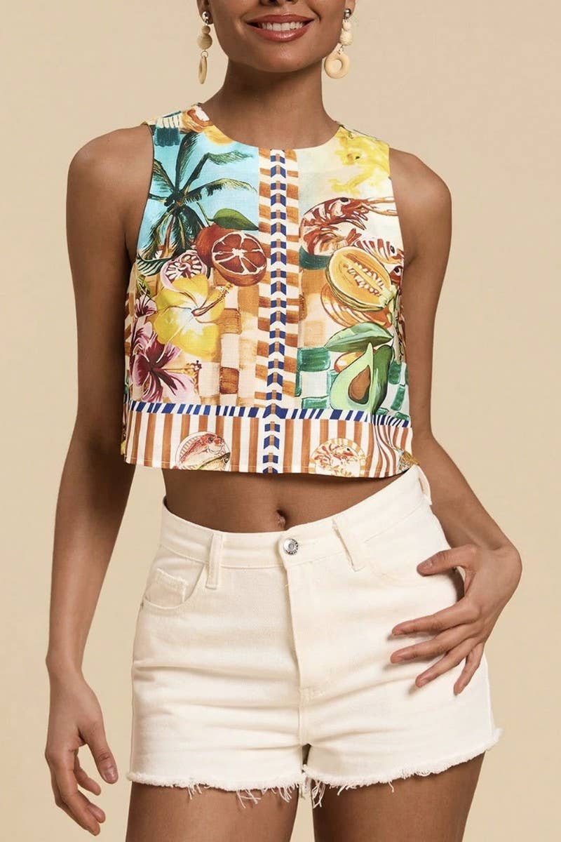 CWTBLSL01043_RESORT PRINT SLEEVELESS CROPPED SLIM TANK TOP