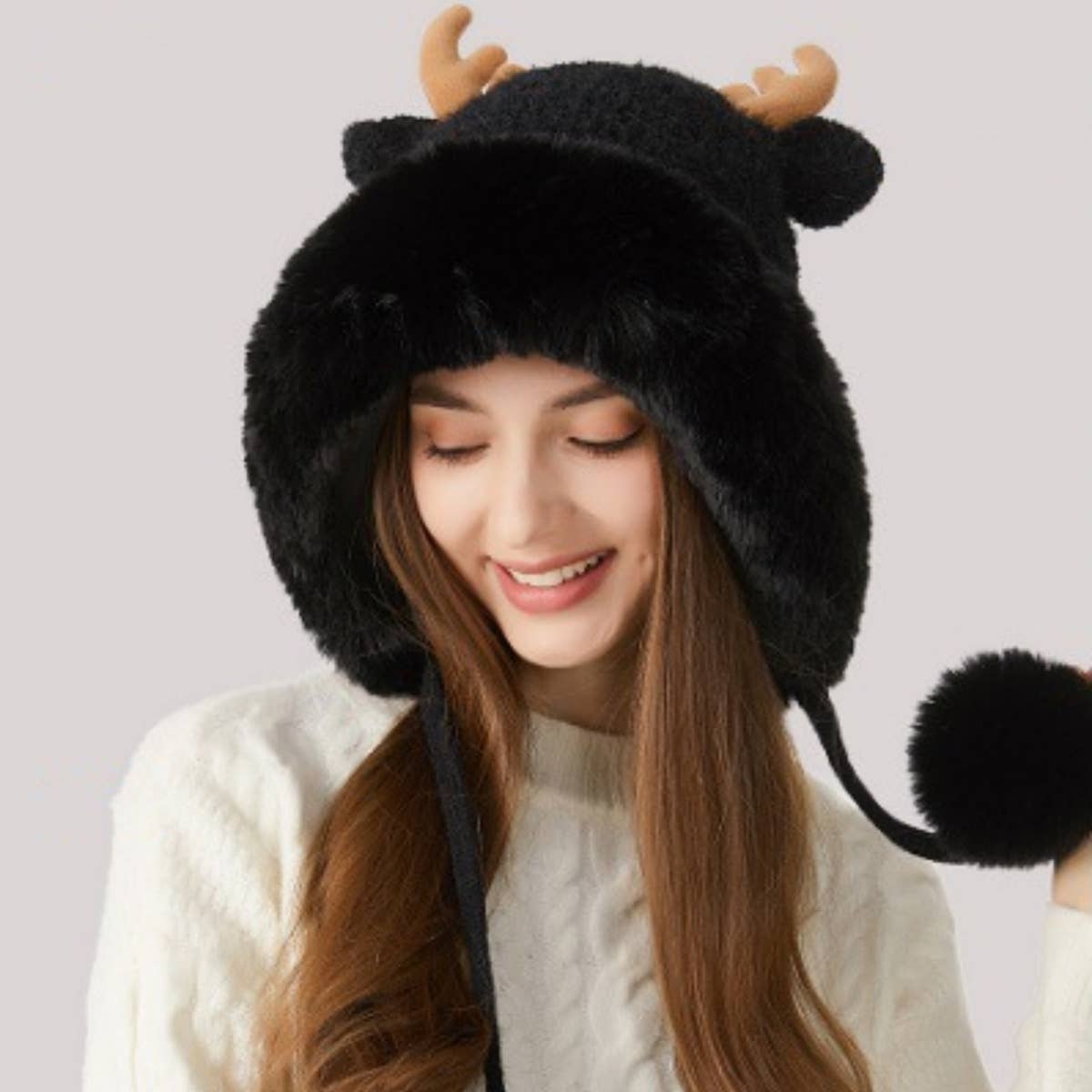 CWAH2209_WINTER CHRISTMAS ANTLER AND FLEECE KNITTED HAT