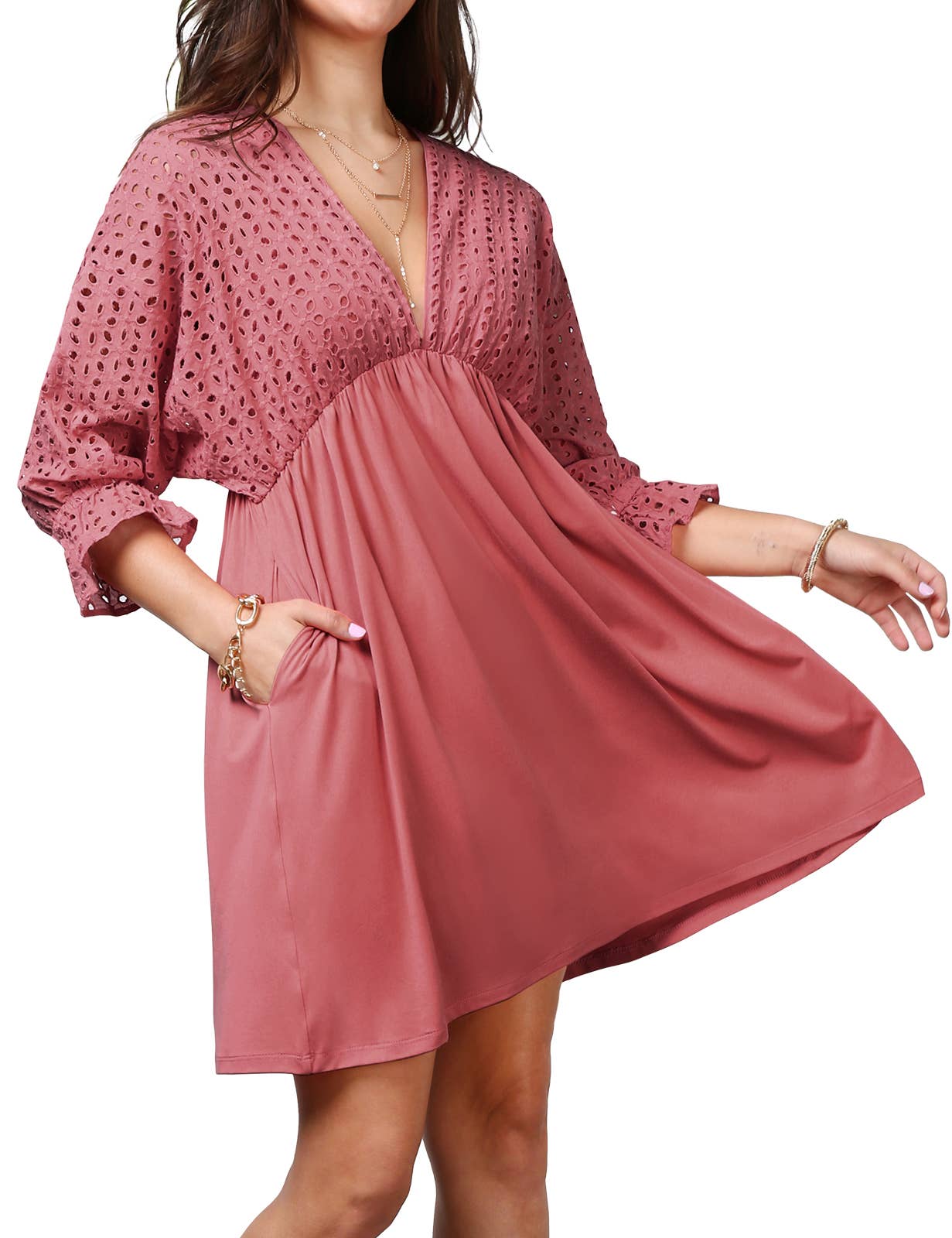 CWDSD10370_COTTON EYELET CONT BODICE WITH 3/4 SLEEVE DRESS