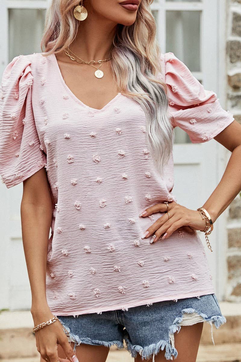 CWTBLS0358_V-Neck Short Puff Sleeve Blouse