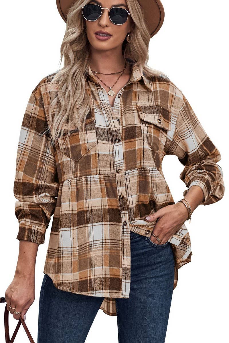 CWTSTL2484_LAPEL LONG SLEEVE POCKET CASUAL PLAID SHIRT