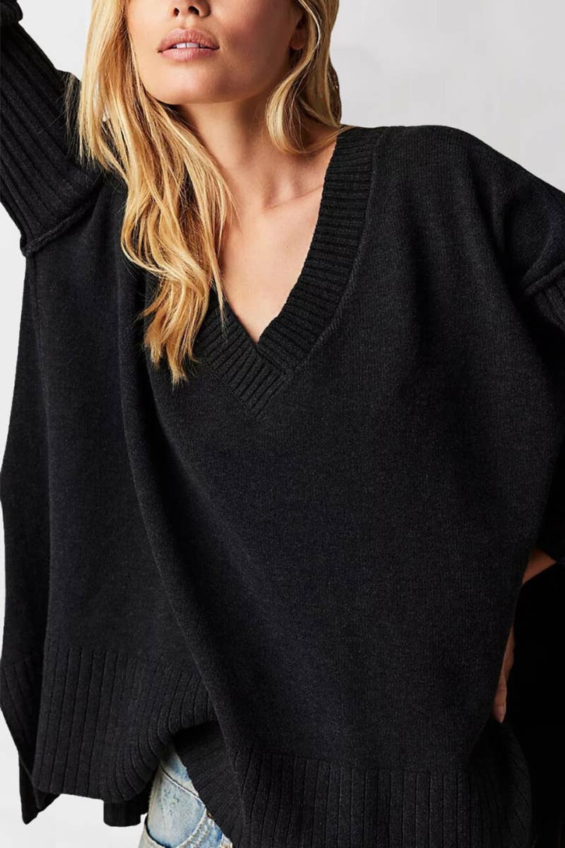 CWOSWL5822_V-NECK LONG SLEEVE SWEATER WITH IRREGULAR SPLIT
