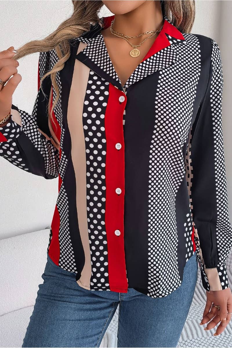 CWTSTL2129_AUTUMN POLKA DOT STRIPED LONG-SLEEVED SHIRT TOP
