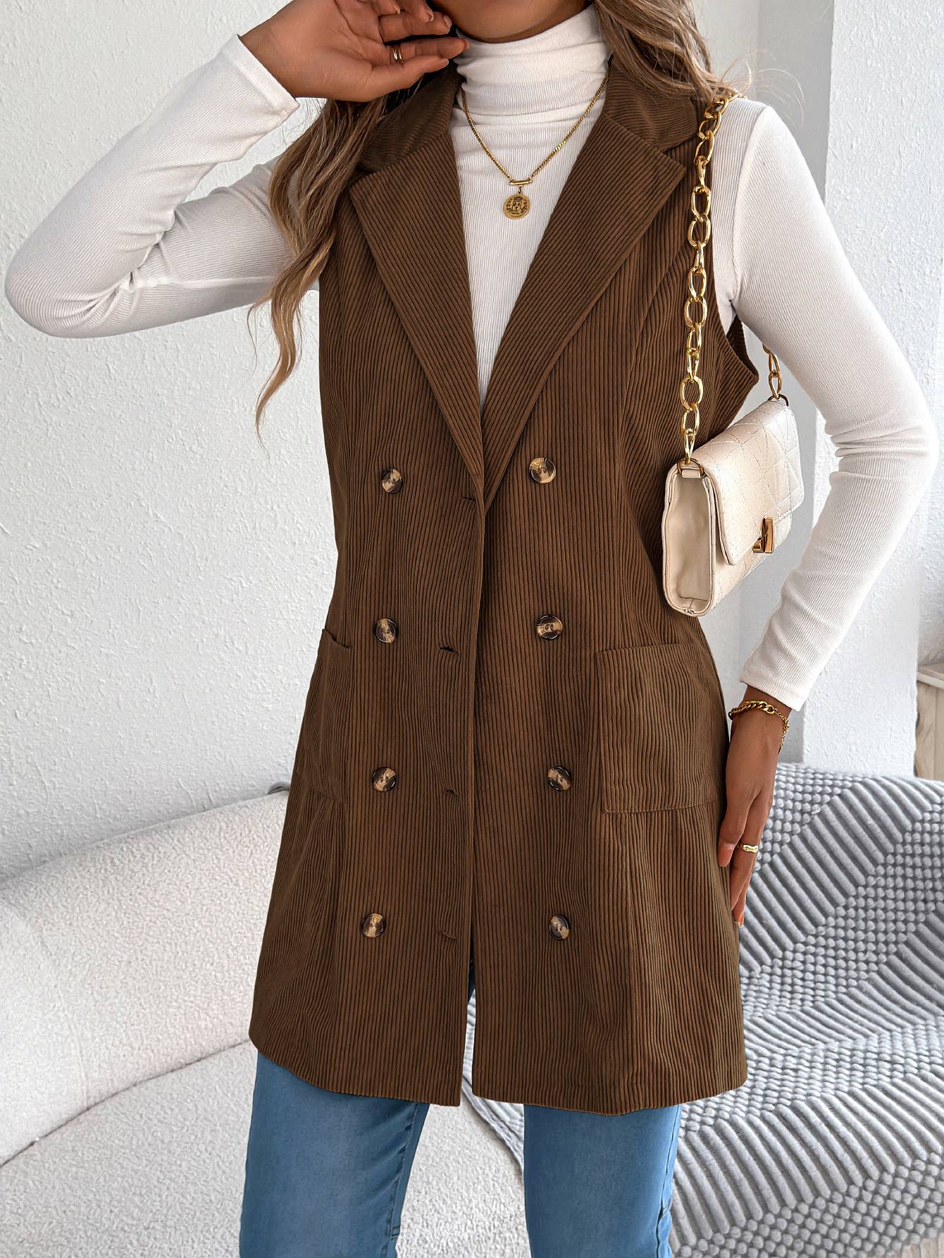 Double-breasted pocket corduroy long vest