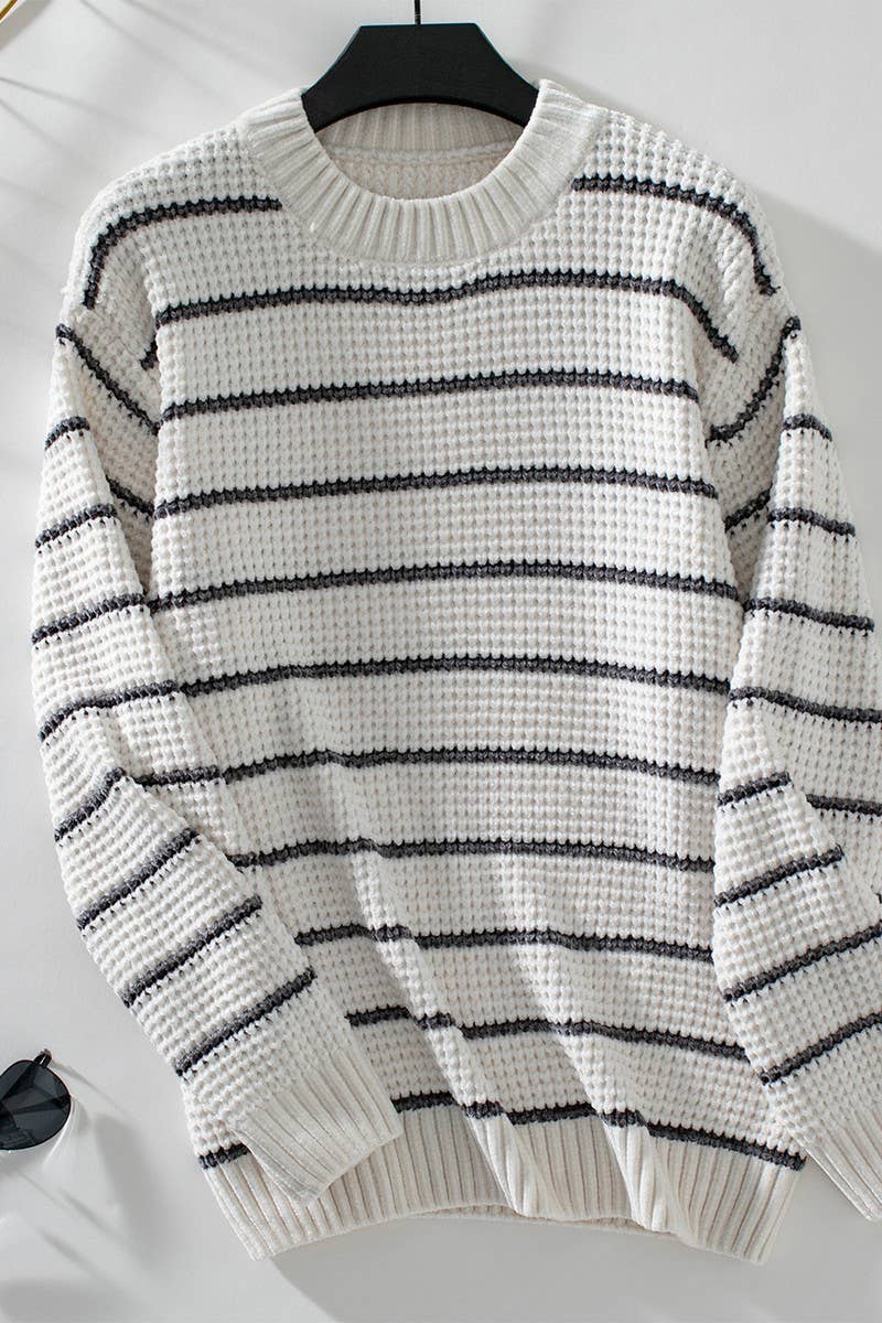 CWOSWL2910_CHENILLE CASUAL KNITTED STRIPED SWEATER