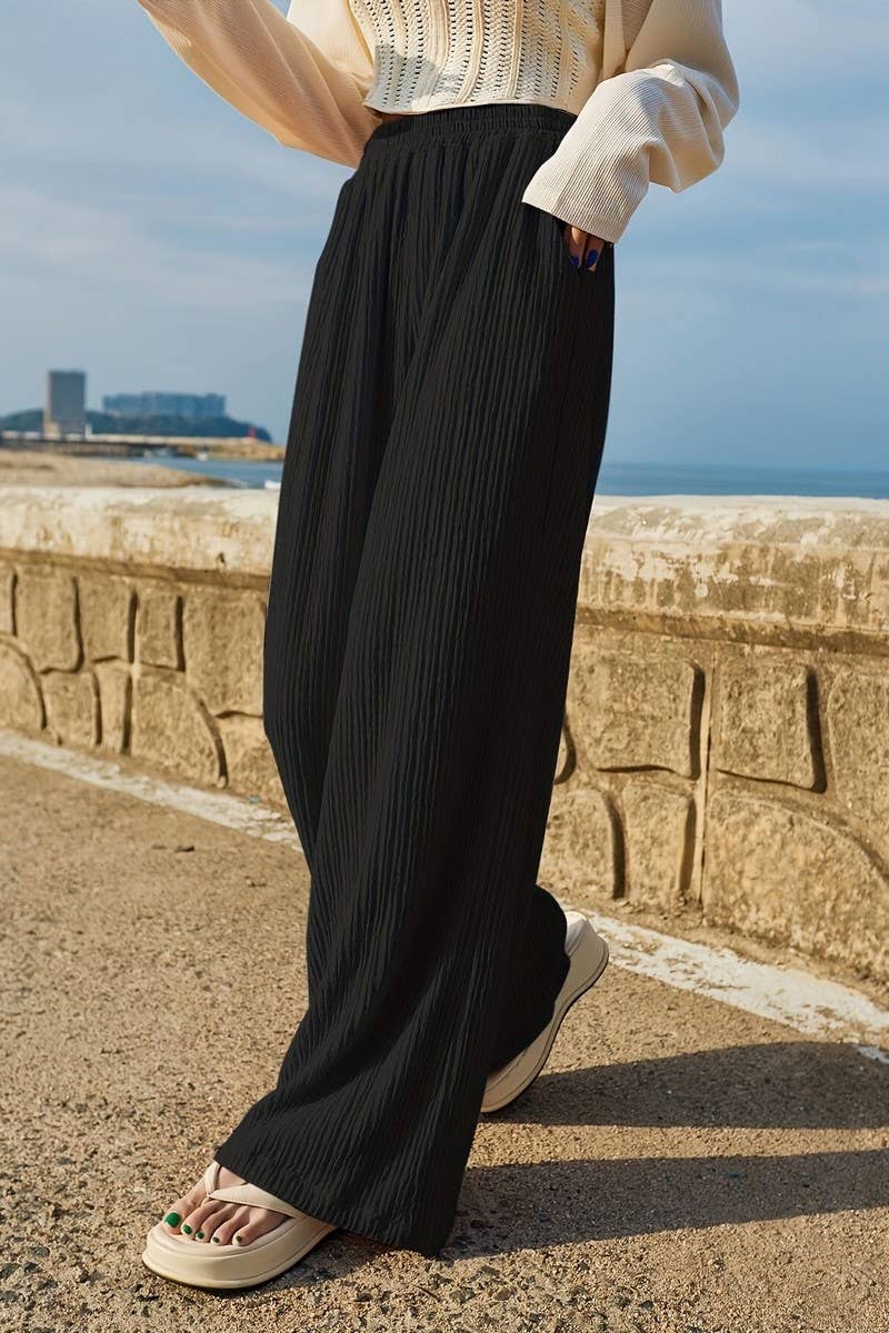 CWBLP1127_PURE BLACK DRAPE WIDE-LEG CASUAL TROUSERS