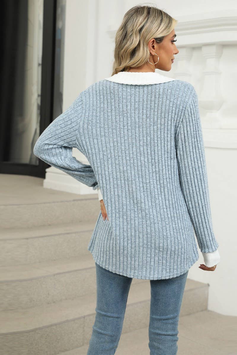 CWTBLL1874_CONTRAST COLOR LAPEL LONG SLEEVE LOOSE TOP