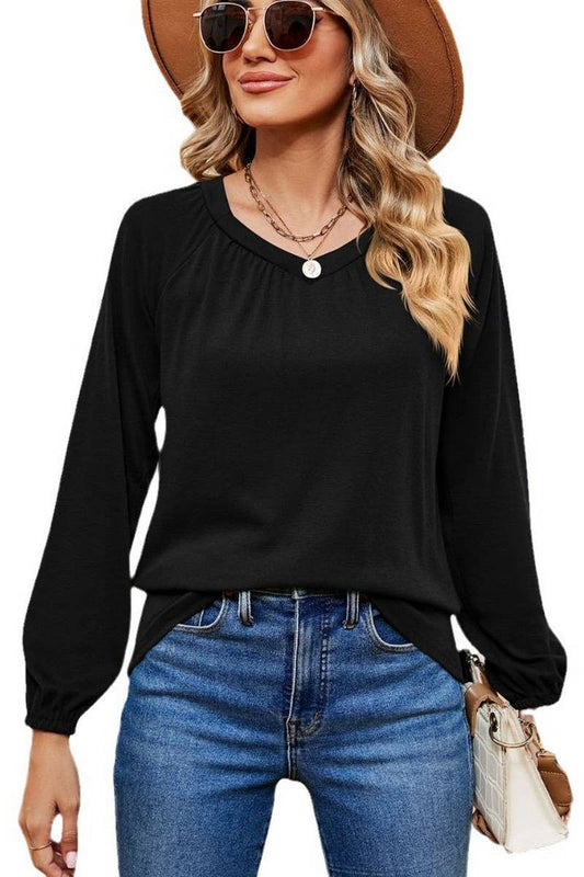 CWTBLL2370_LONG SLEEVE V NECK PLEATED LOOSE PULLOVER