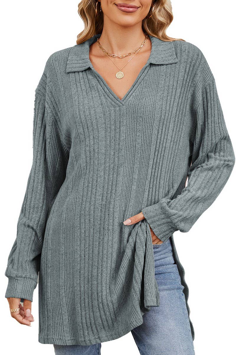 CWTBLL2351_SOLID COLOR V-NECK LONG SLEEVE SLIT T-SHIRT TOP