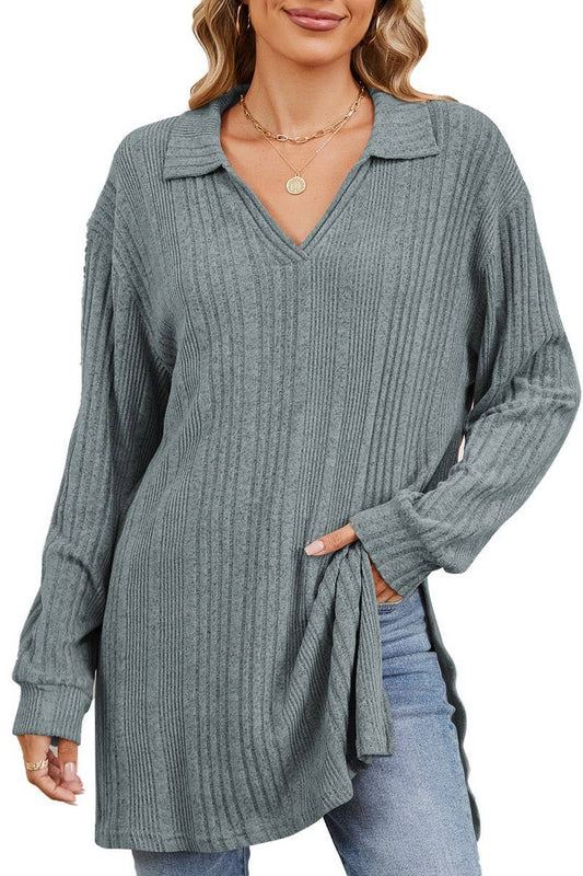 CWTBLL2351_SOLID COLOR V-NECK LONG SLEEVE SLIT T-SHIRT TOP