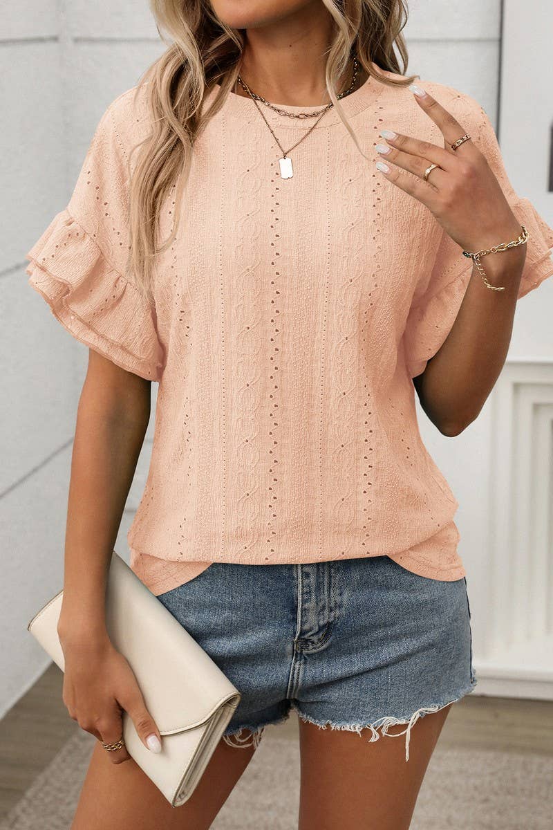 CWTBLS1719_ROUND NECK RUFFLE SLEEVE SHORT SLEEVE T-SHIRT TOP