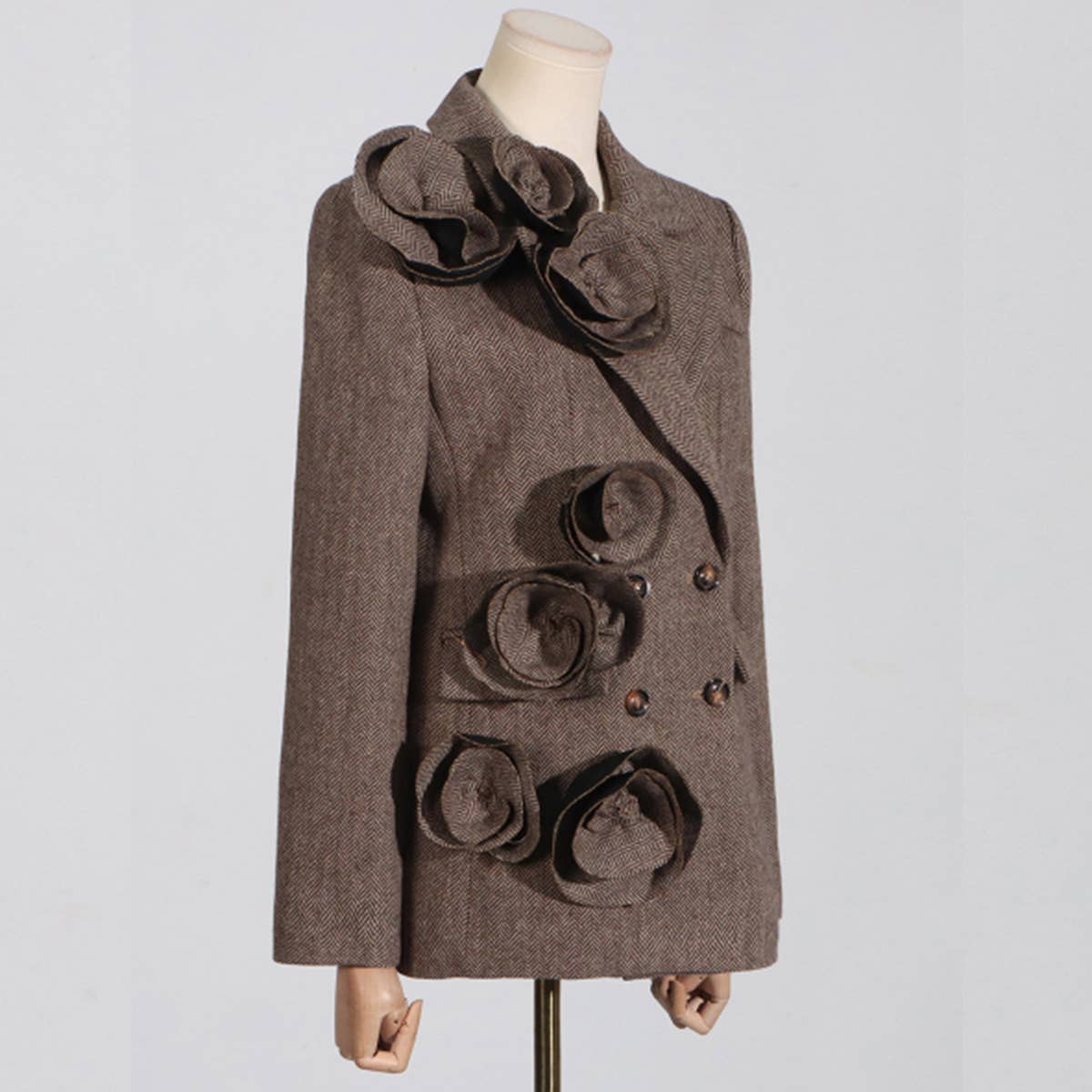 Chic Double-Breasted Blazer with 3D Floral Details_CWOCO1225