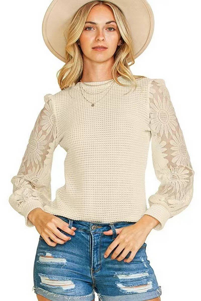 CWTBLL3977_CREW NECK LACE SLEEVE HOLLOW OUT PULLOVER TOP