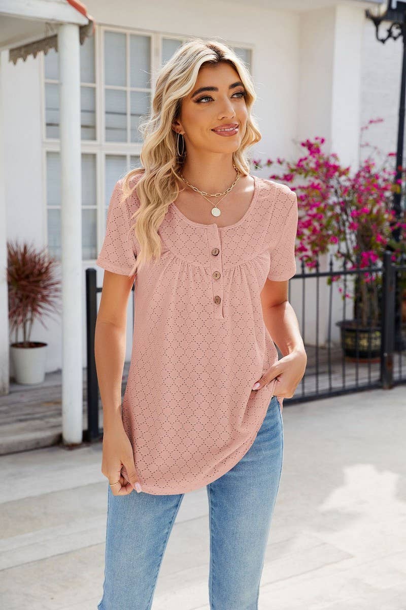 CWTBLS0435_Round Neck Short Sleeve Blouse