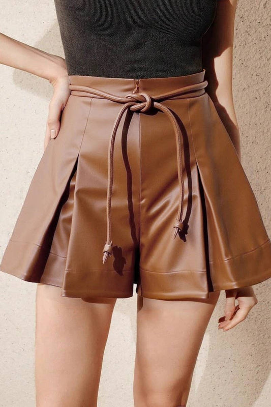 CWBSP0594_FASHIONABLE BROWN LEATHER HIGH WAIST SKIRT