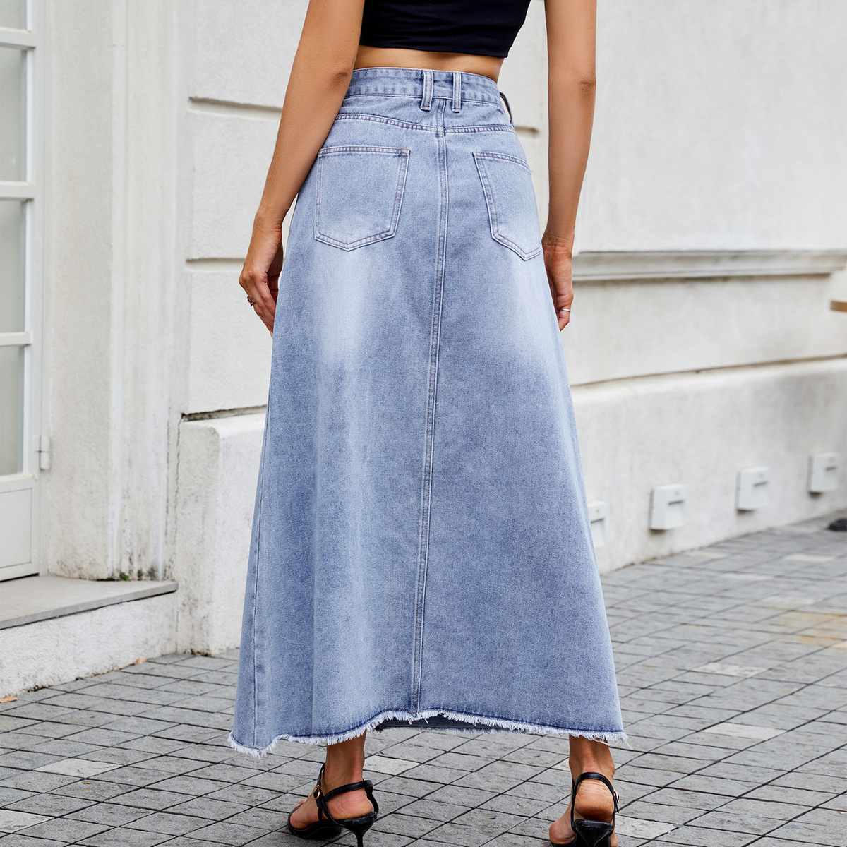 Women?™s High Waist Denim Midi Skirt with Pockets_CWJSK0203