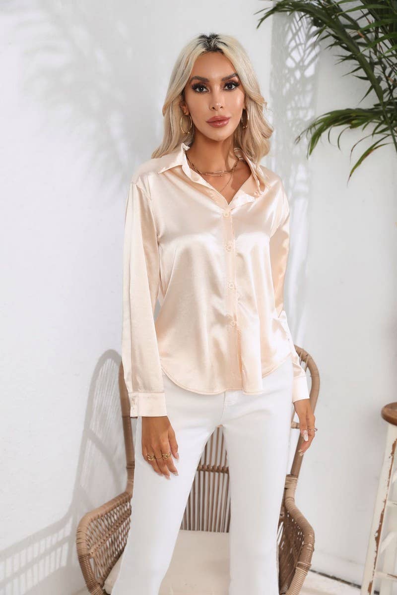 CWTBLL0690_Button Down Silky Satin Long Sleeve Top