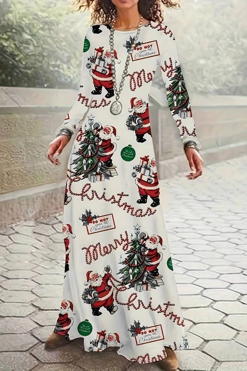 CWDMD01222_ROUND NECK LONG SLEEVE CHRISTMAS LONG DRESS
