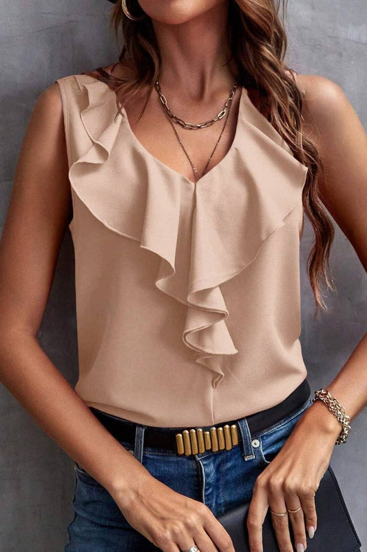 CWTBLSL0238_V-NECK RUFFLED SOLID COLOR SLEEVELESS TOP