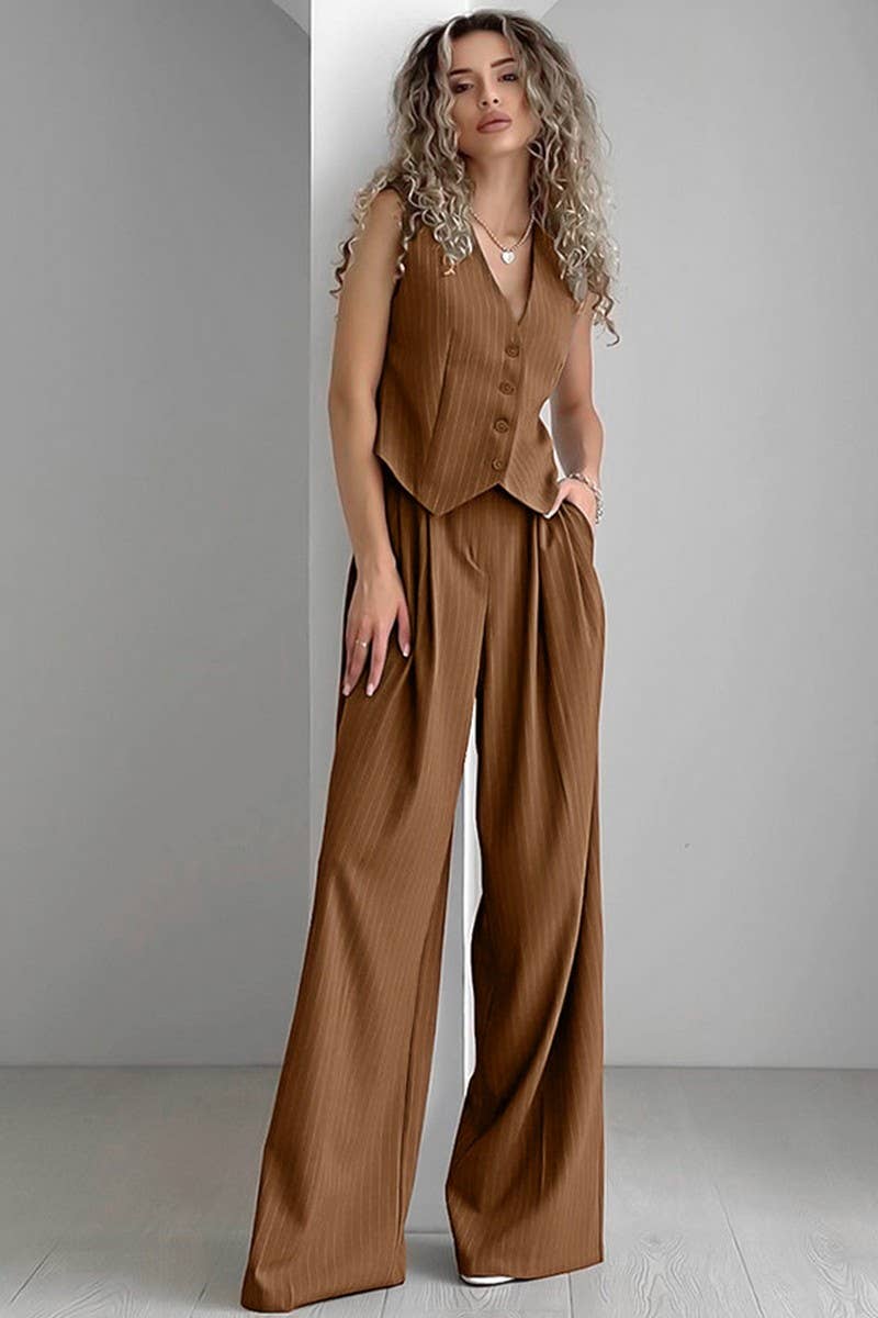 CWSJB0055_RETRO V-NECK STRIPED SUIT TWO-PIECE SUIT