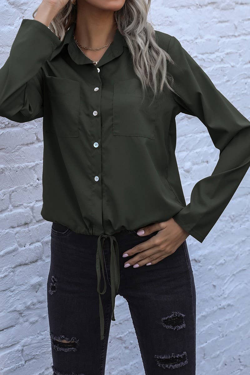 CWTSTL00958_LAPEL DRAWSTRING LONG SLEEVE SOLID SHIRT